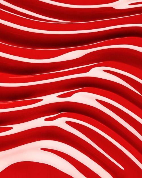 Abstract image featuring a red and white striped pattern of undulating, curved lines creating a visually dynamic, textured surface.
