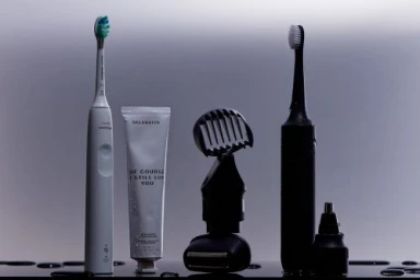 Electric toothbrushes, toothpaste tube, and grooming attachments arranged on a reflective surface.