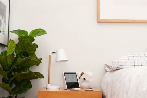 Bedroom interior featuring a table lamp, digital tablet, flower vase, and potted plant, creating a cozy and tech-integrated space.