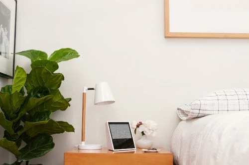 Bedroom interior featuring a table lamp, digital tablet, flower vase, and potted plant, creating a cozy and tech-integrated space.
