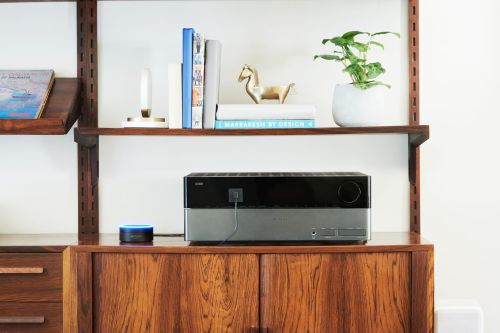 Audio receiver and blue smart speaker are displayed on a wooden cabinet beneath shelves with books and a potted plant in a brightly lit room.