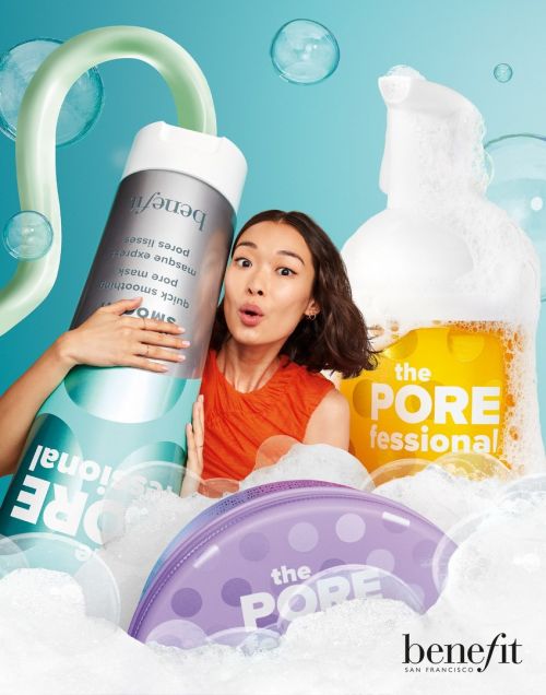 Benefit Cosmetics advertisement featuring an Asian woman with Porefessional products: a large tube, a spray bottle, and a makeup bag.