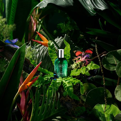 Botanical fragrance product shot showcases a green glass bottle surrounded by lush tropical foliage, birds of paradise, and butterfly accents.