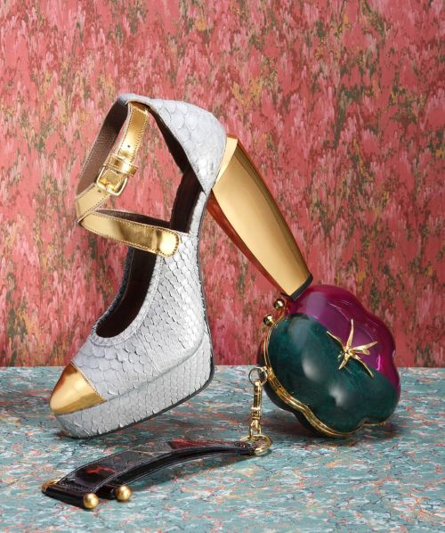 Elevated studio shot showcases a silver snakeskin platform shoe, complemented by a bi-color coin purse, against a decorative backdrop.