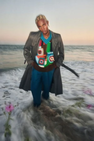 Man in patterned sweater and trench coat standing in ocean waves, looking at camera. Water and sunset sky background.