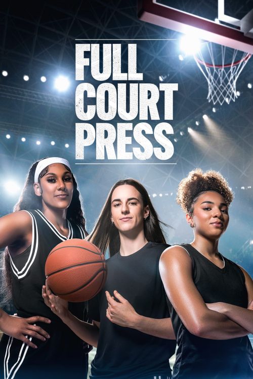 Three young female basketball players pose confidently with a basketball in a stadium with bright lights above a basketball hoop.