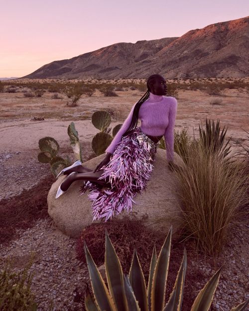 A woman in a purple top and feathered skirt sits on a rock in the desert at dusk with mountains in the background.