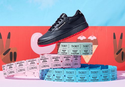Reebok sneaker is prominently displayed on a colorful pedestal of stacked tickets against a vibrant backdrop with graphic elements.