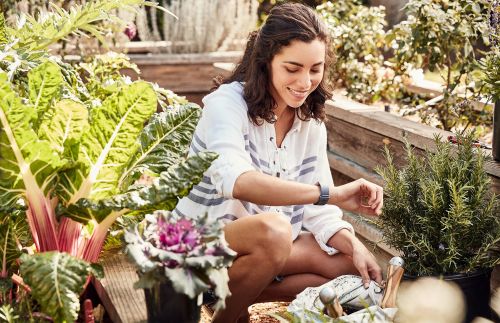 A woman smiles as she gardens in an elevated garden bed, surrounded by large leafy green plants and fresh herbs in the bright daylight.