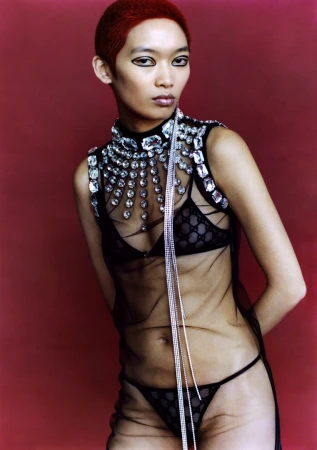 Asian fashion model poses in a sheer dress with jeweled embellishments against a solid red backdrop, showcasing makeup and chic styling.