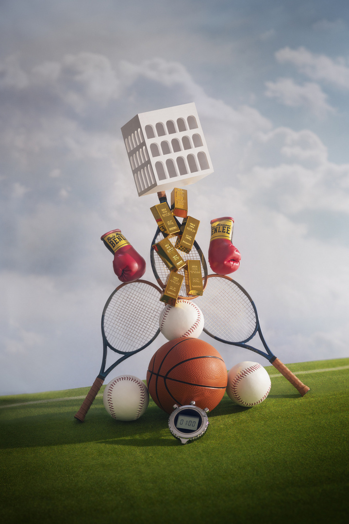 Surreal still life featuring sports equipment (basketball, baseballs, tennis rackets, boxing gloves), gold bars, and an architectural model.