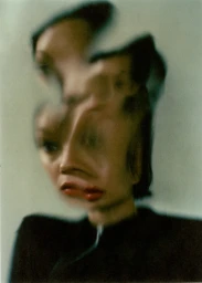 Experimental multiple exposure portrait of a woman with distorted facial features in dark clothing against a neutral background.