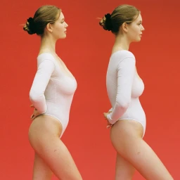 Profile view of a woman in a white bodysuit with her hair in a bun against a vibrant red background.