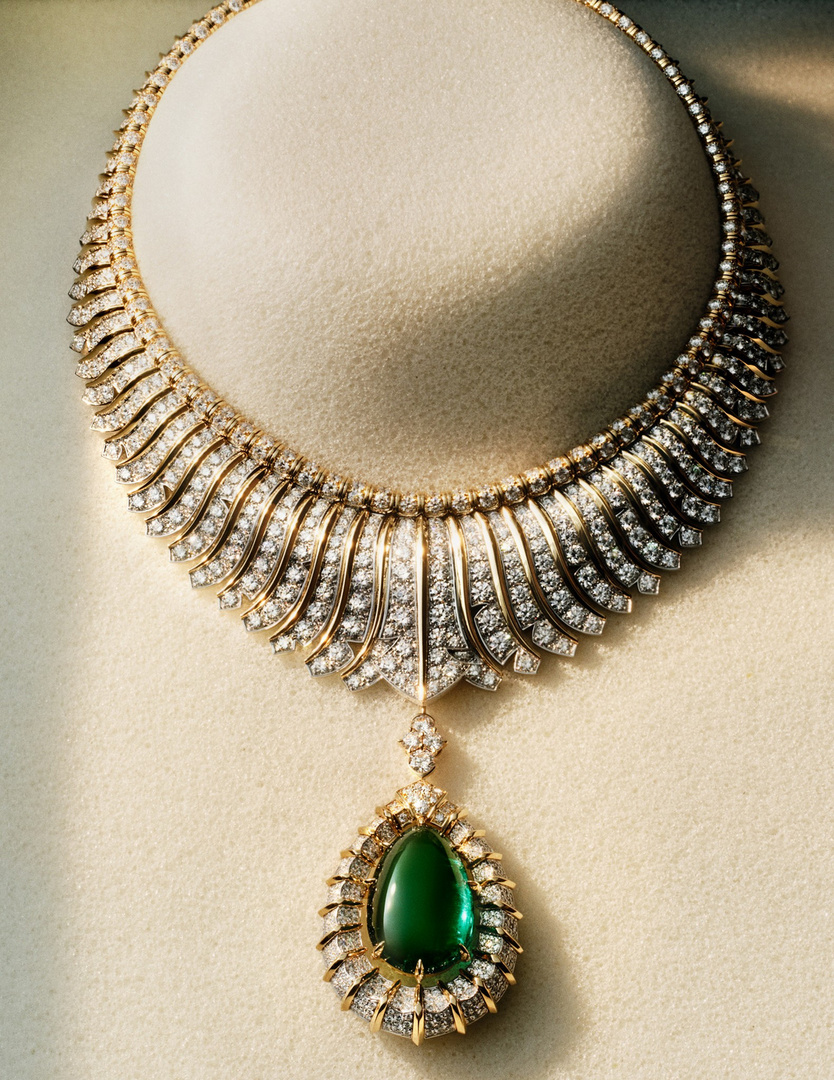 Elegant gold necklace with diamonds and a large green gemstone pendant resting on a soft, neutral-toned surface. Close-up, high jewelry aesthetic.