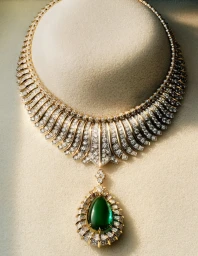 Close-up of a gold and diamond statement necklace with a large pear-shaped green emerald pendant on a neutral display bust.