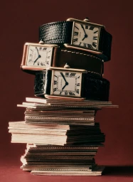 Three luxury wristwatches with leather straps stacked on top of a tall pile of cards against a solid dark red background