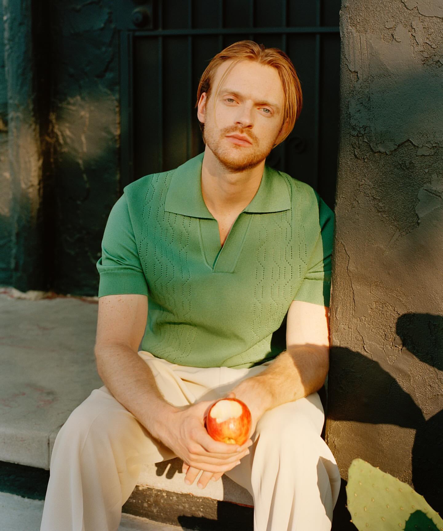 A fair-skinned adult male with light brown hair sits outdoors in natural light, holding a red apple, wearing a green shirt and tan pants.