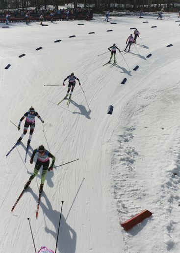 Cross-country ski race featuring several adult athletes skiing on groomed snow with trees and spectators in the background on a sunny day.