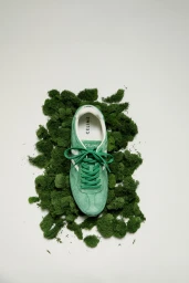 Green suede sneaker with white trim resting on a bed of green moss against a plain white background.