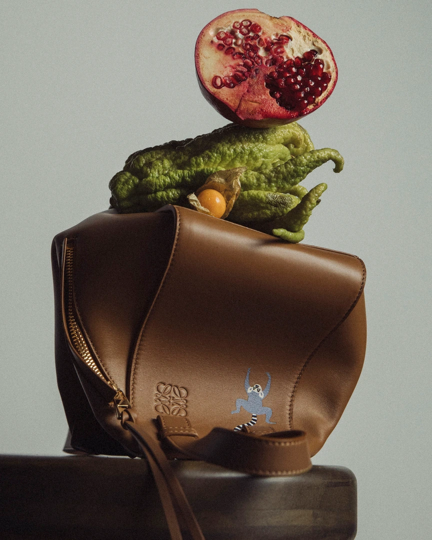 Brown leather handbag balanced with stacked Buddha s hand citron and a cut pomegranate on top by Sharon Radisch.