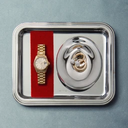 Gold watch resting on red velvet strip and diamond rings in silver dish on silver tray