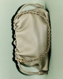 Close-up product photography of a taupe leather shoulder bag with a gold chain strap against a pale green background.