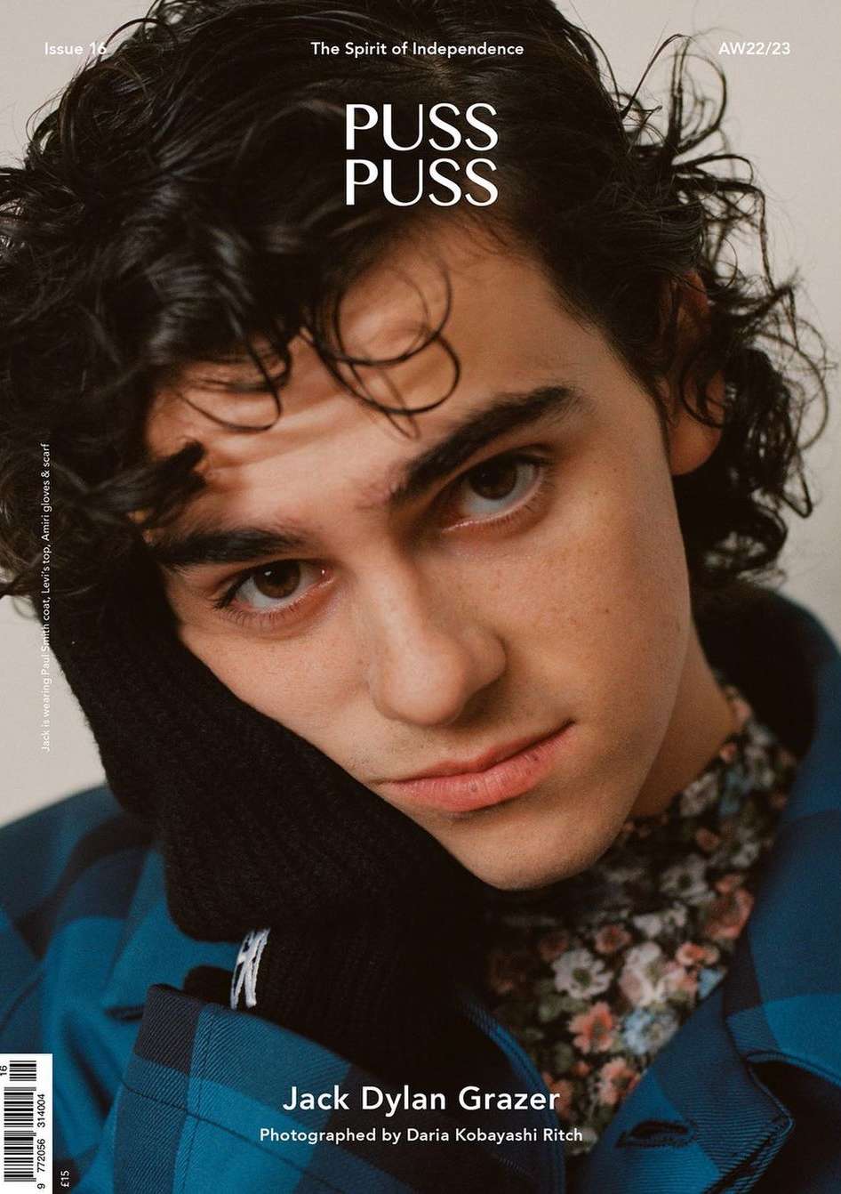 Magazine cover featuring a close-up studio portrait of actor Jack Dylan Grazer, with his dark hair, brown eyes, and a casual outfit.