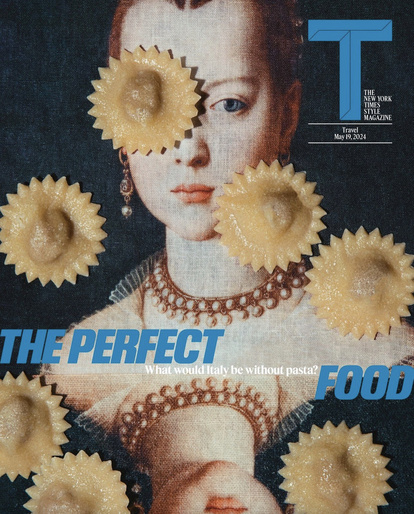 Magazine cover featuring a classical Renaissance portrait layered with star-shaped pasta pieces and bold blue typography.