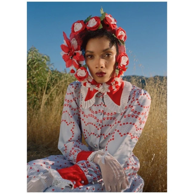Woman in vintage dress with flower headpiece poses outdoors in grassy field under blue sky; fashion, portrait, editorial photography.