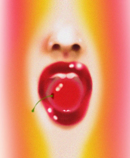 Artistic close-up of an open mouth with red lips holding a cherry. Soft pink, yellow and white background. Grainy texture and shallow depth of field.