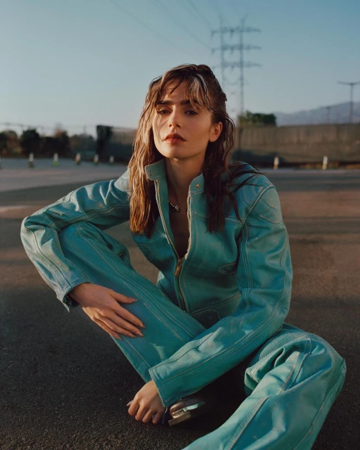 Woman with wet brown hair sits on asphalt in an aquamarine jumpsuit with powerlines and building in background under a clear sky.