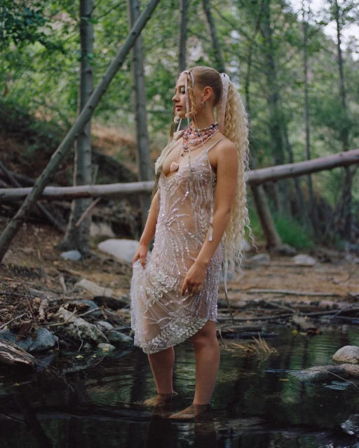 Young woman in a sheer dress stands barefoot in a creek surrounded by trees, gazing off camera. Forest setting with natural light.