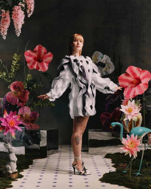 Adult female in a ruffled mini dress poses amid floral decor, accessorized with ankle-strap heels and tattoos on legs, against a dark backdrop.