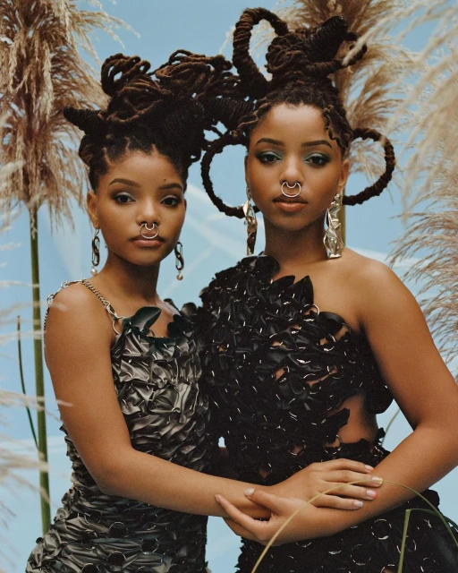 Two young Black women pose in avant-garde fashion dresses with elaborate hairstyles. Tall beige grasses and a light blue backdrop complete the scene.
