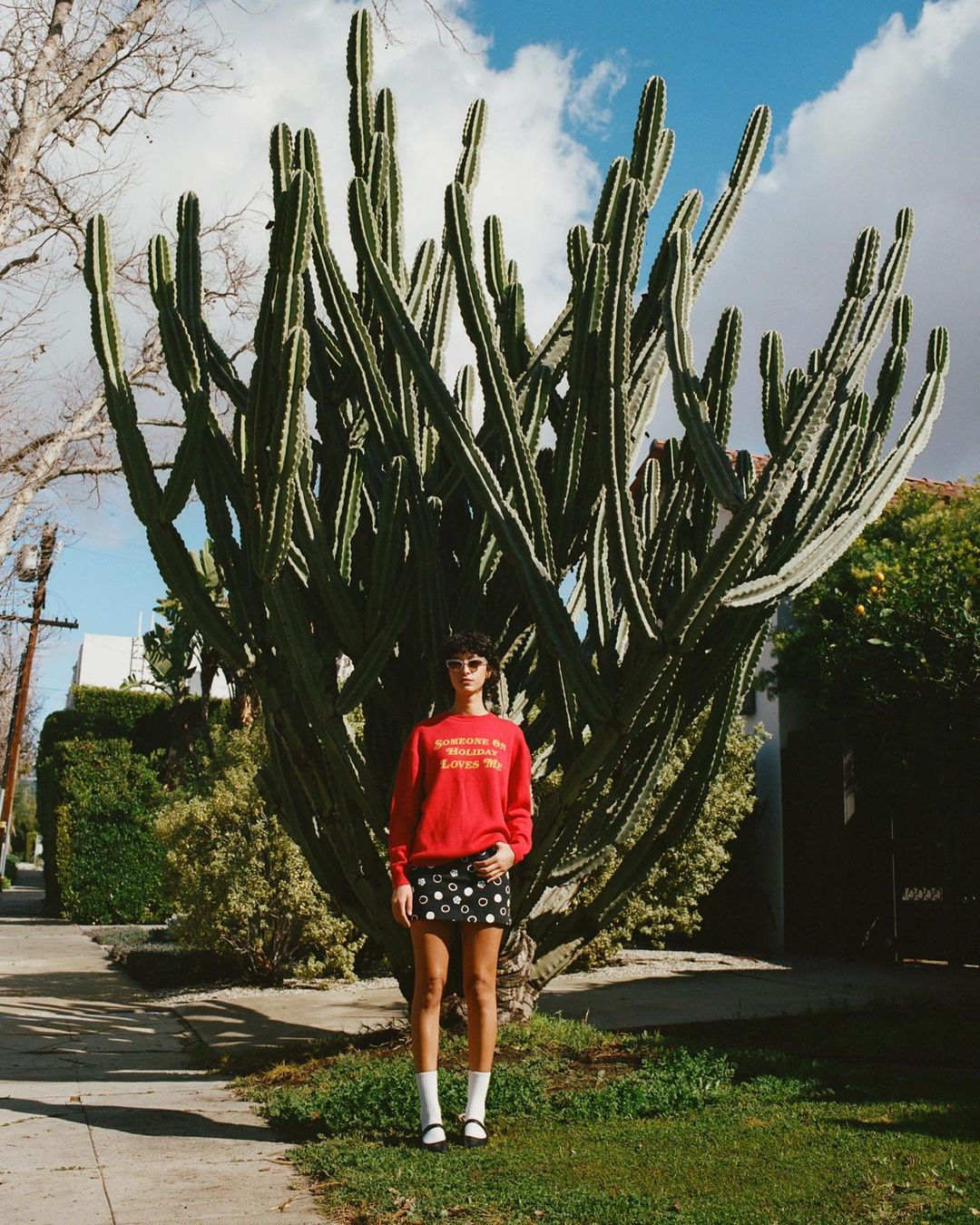 Woman in red sweatshirt and patterned miniskirt stands in a green urban space, highlighted by a towering cactus and blue sky backdrop.