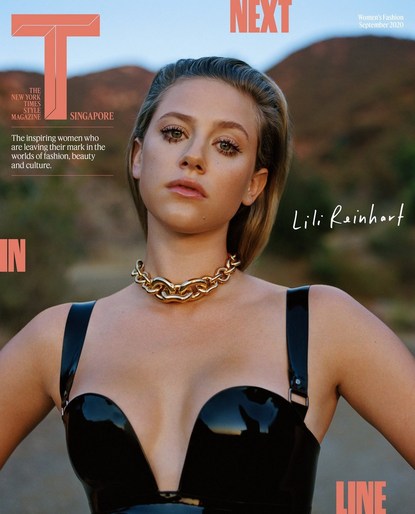 Lili Reinhart on the cover of The New York Times Style Magazine Singapore, September 2020, wearing a black top with a gold chain.
