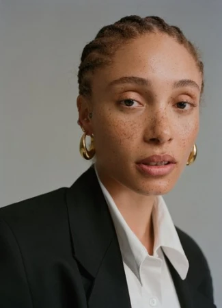 Portrait of a woman with braided hair wearing a white collared shirt and black blazer against a grey backdrop.