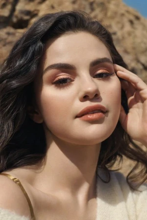 Close-up portrait of Selena Gomez with warm neutral makeup outdoors with rocky terrain in the background