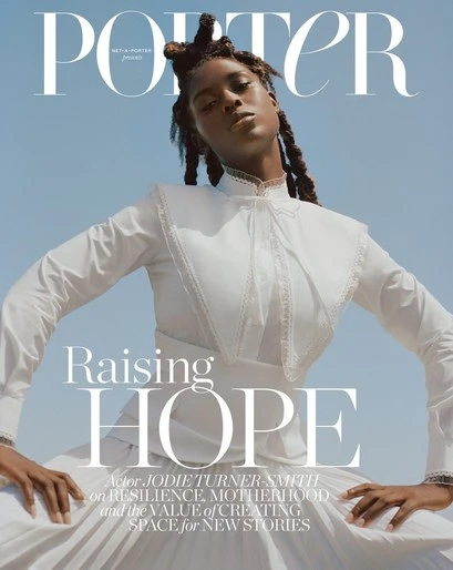 Magazine cover featuring Jodie Turner-Smith in white lace dress against a blue sky, with the title 'Raising Hope' and cover text.