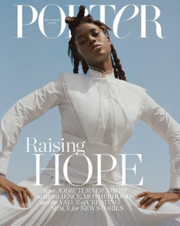 Magazine cover featuring Jodie Turner-Smith in white lace dress against a blue sky, with the title 'Raising Hope' and cover text.