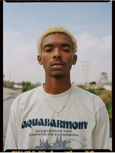 Portrait of a young adult male with dyed blond curly hair, wearing a graphic t-shirt with a necklace, outdoors against a blue sky.
