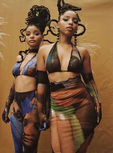 Two adult females pose indoors in halter tops and digitally printed bottoms against a tan background with pampas grass accents.