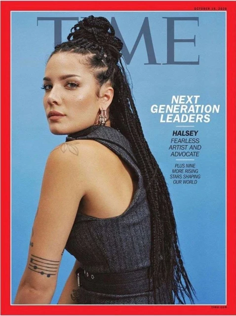 Time magazine cover featuring Halsey with braided hair, looking over her shoulder with a denim top, set against a blue backdrop.