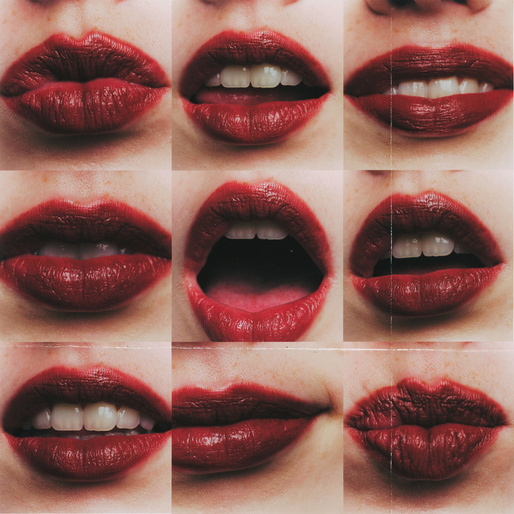 Close-up grid of nine panels showing women wearing dark red lipstick with varying expressions and visible teeth.