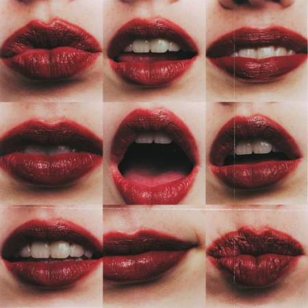 Close-up grid of nine panels showing women wearing dark red lipstick with varying expressions and visible teeth.