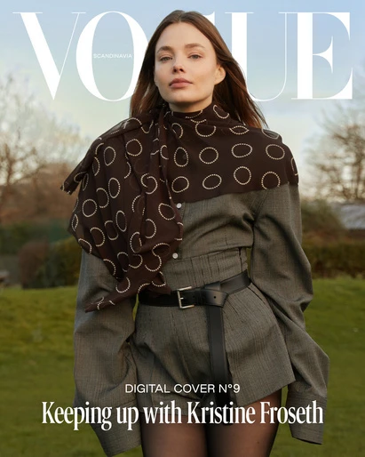 Vogue Scandinavia digital cover featuring Kristine Froseth wearing a grey short suit and patterned scarf in an outdoor setting.