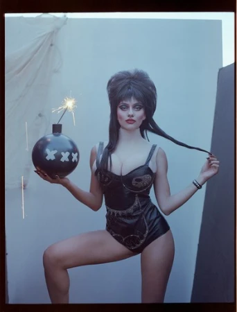 Portrait of a woman dressed as Elvira holding a black cartoon bomb with a sparkler, against a studio backdrop, fashion photography.