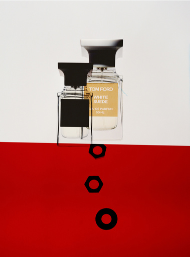 Two Tom Ford perfume bottles on a graphic background of white and red, with black hexagon shapes underneath the bottles.
