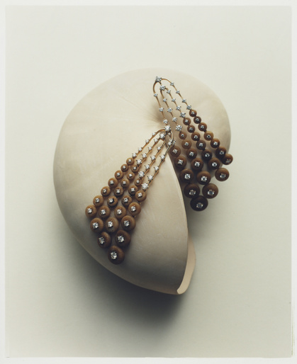 Elegant dangling earrings with brown spheres and diamond accents, resting on a smooth, light-colored shell-like surface, studio lighting.