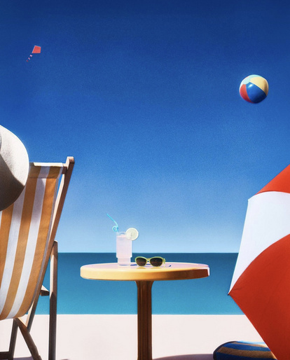Beach scene with a striped beach chair, a small table with a drink and sunglasses, an umbrella, the ocean, and a blue sky.